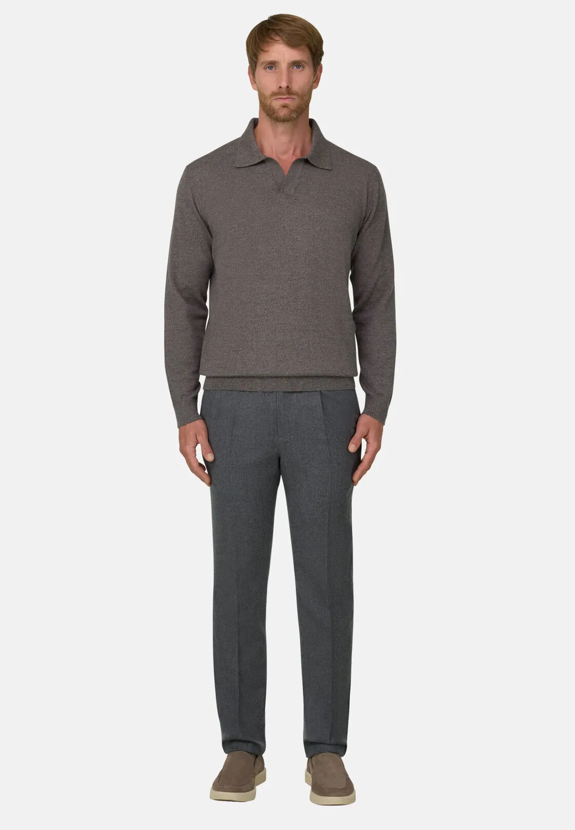 Boggi, Polo Di Maglia In Lana Merino Cashwool® Mouliné, Uomo, Taupe, Taglia: XL - immagine 2