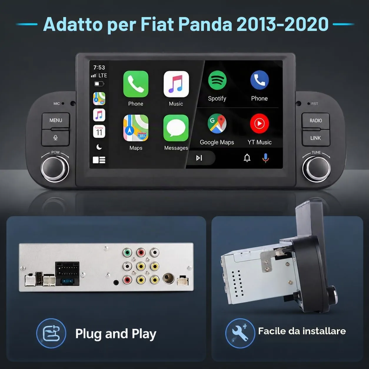 Schermo Autoradio CarPlay wireless per FIAT Panda 2013-2020 1 DIN Bluetooth - immagine 2