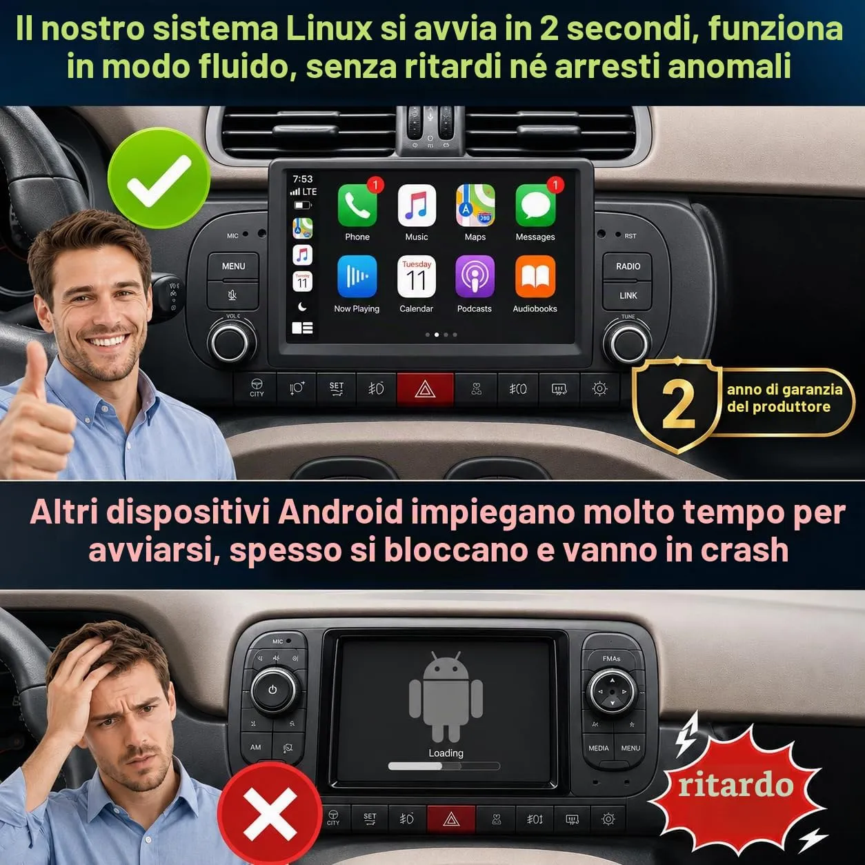 Schermo Autoradio CarPlay wireless per FIAT Panda 2013-2020 1 DIN Bluetooth - immagine 3