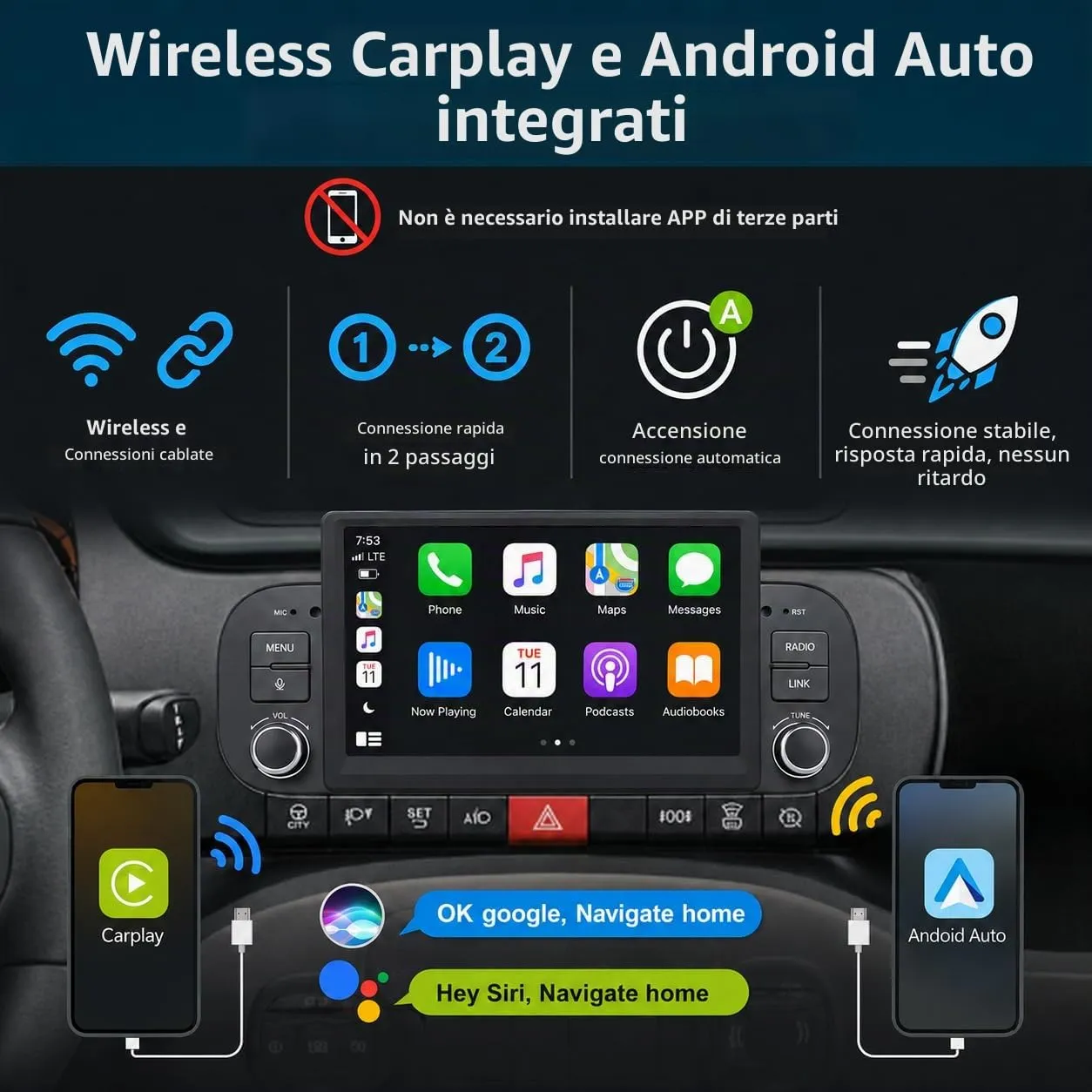 Schermo Autoradio CarPlay wireless per FIAT Panda 2013-2020 1 DIN Bluetooth - immagine 4