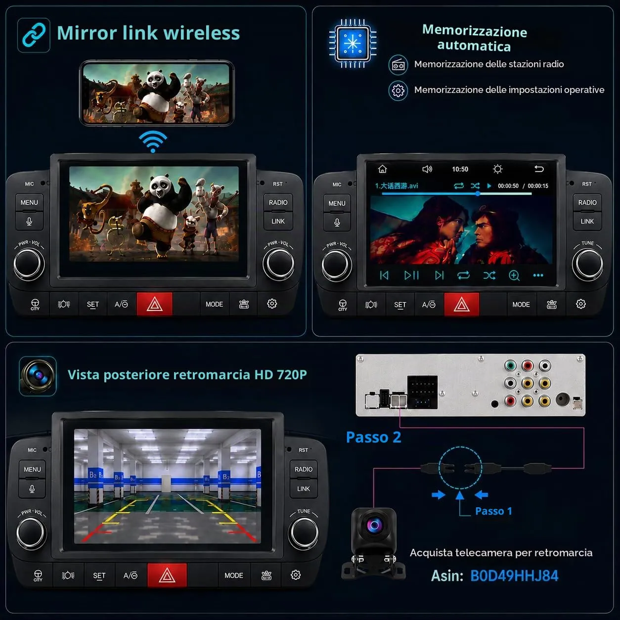Schermo Autoradio CarPlay wireless per FIAT Panda 2013-2020 1 DIN Bluetooth - immagine 5