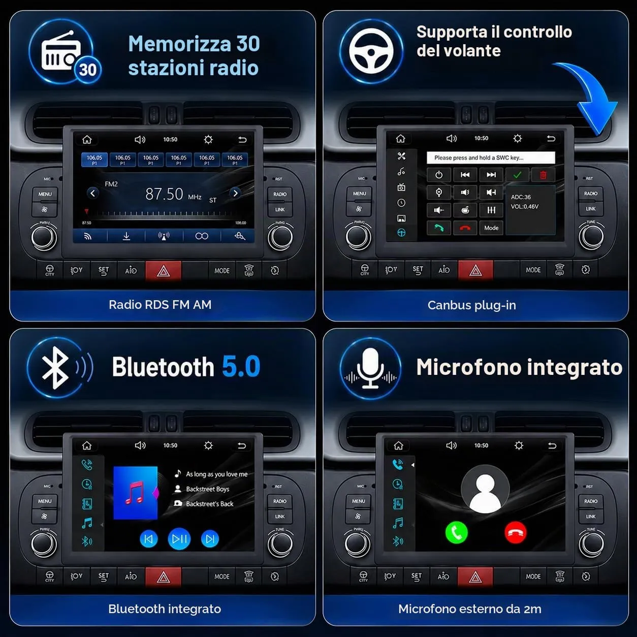 Schermo Autoradio CarPlay wireless per FIAT Panda 2013-2020 1 DIN Bluetooth - immagine 6
