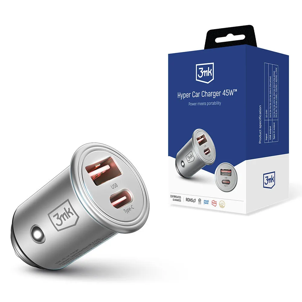 Caricabatterie per auto 3MK Hyper, 45W, 3A, 1 x USB-A - 1 x USB-C, argento - immagine 1