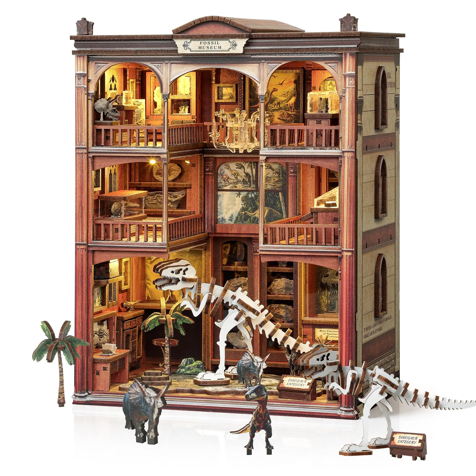 Besserite Book Nook Kit con Fossili Dinosauri e Luci LED, Puzzle 3D Legno Libreria, Kit Modellismo Legno per Adulti, Diorama Miniatura Fai da te – Regalo e Decorazioni Libreria - immagine 1