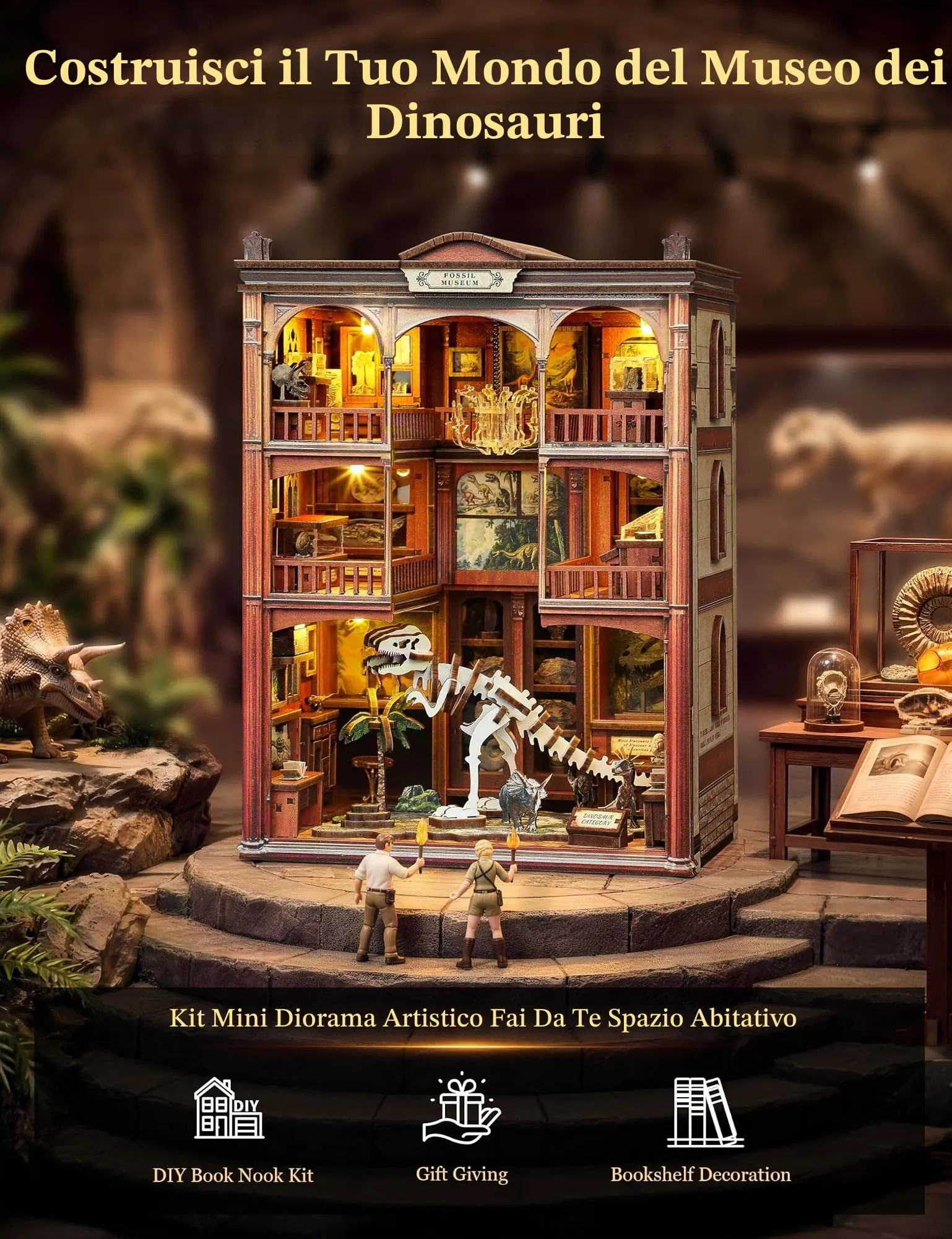 Besserite Book Nook Kit con Fossili Dinosauri e Luci LED, Puzzle 3D Legno Libreria, Kit Modellismo Legno per Adulti, Diorama Miniatura Fai da te – Regalo e Decorazioni Libreria - immagine 2