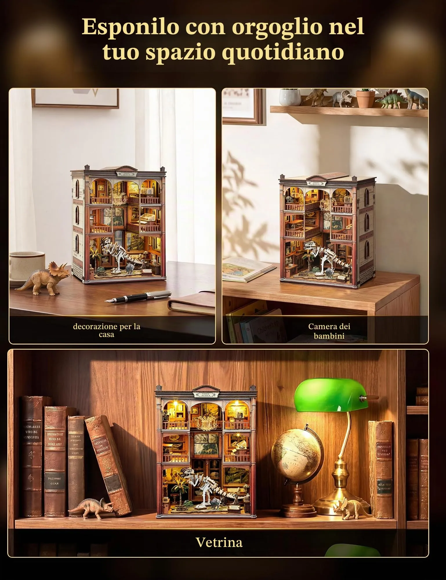 Besserite Book Nook Kit con Fossili Dinosauri e Luci LED, Puzzle 3D Legno Libreria, Kit Modellismo Legno per Adulti, Diorama Miniatura Fai da te – Regalo e Decorazioni Libreria - immagine 3