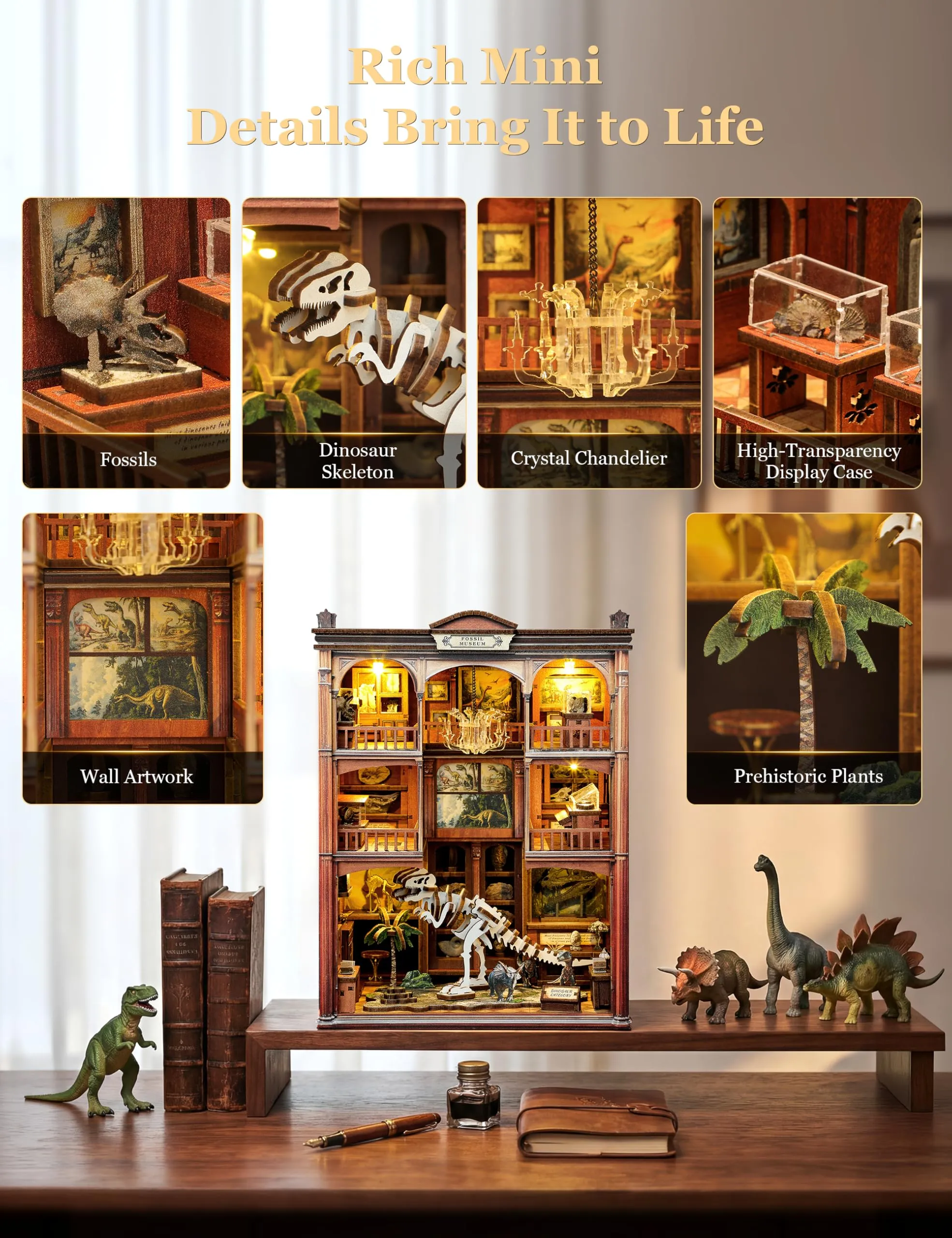 Besserite Book Nook Kit con Fossili Dinosauri e Luci LED, Puzzle 3D Legno Libreria, Kit Modellismo Legno per Adulti, Diorama Miniatura Fai da te – Regalo e Decorazioni Libreria - immagine 4