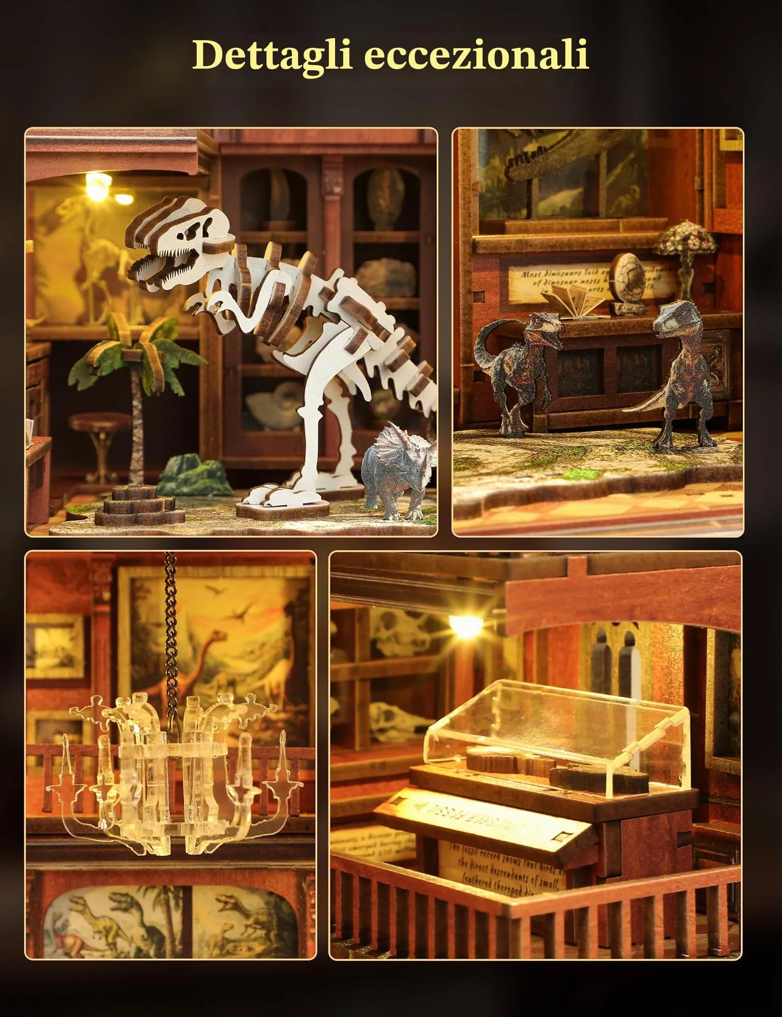 Besserite Book Nook Kit con Fossili Dinosauri e Luci LED, Puzzle 3D Legno Libreria, Kit Modellismo Legno per Adulti, Diorama Miniatura Fai da te – Regalo e Decorazioni Libreria - immagine 5