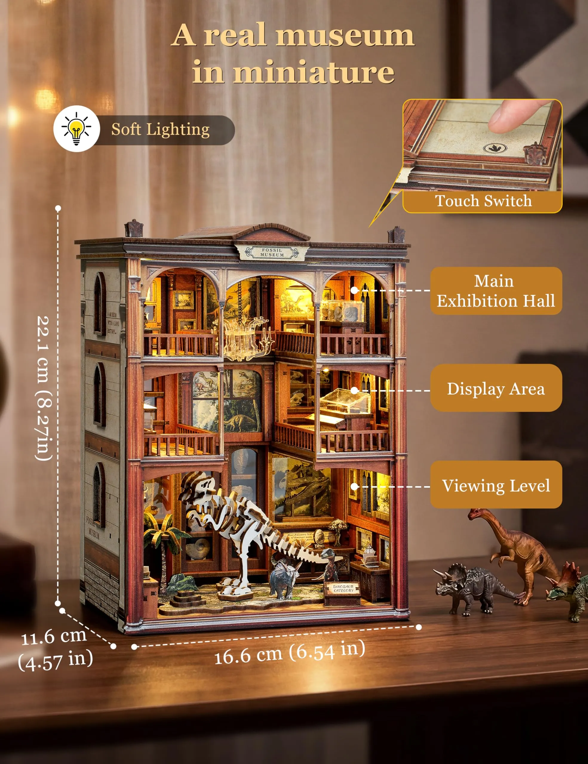 Besserite Book Nook Kit con Fossili Dinosauri e Luci LED, Puzzle 3D Legno Libreria, Kit Modellismo Legno per Adulti, Diorama Miniatura Fai da te – Regalo e Decorazioni Libreria - immagine 6
