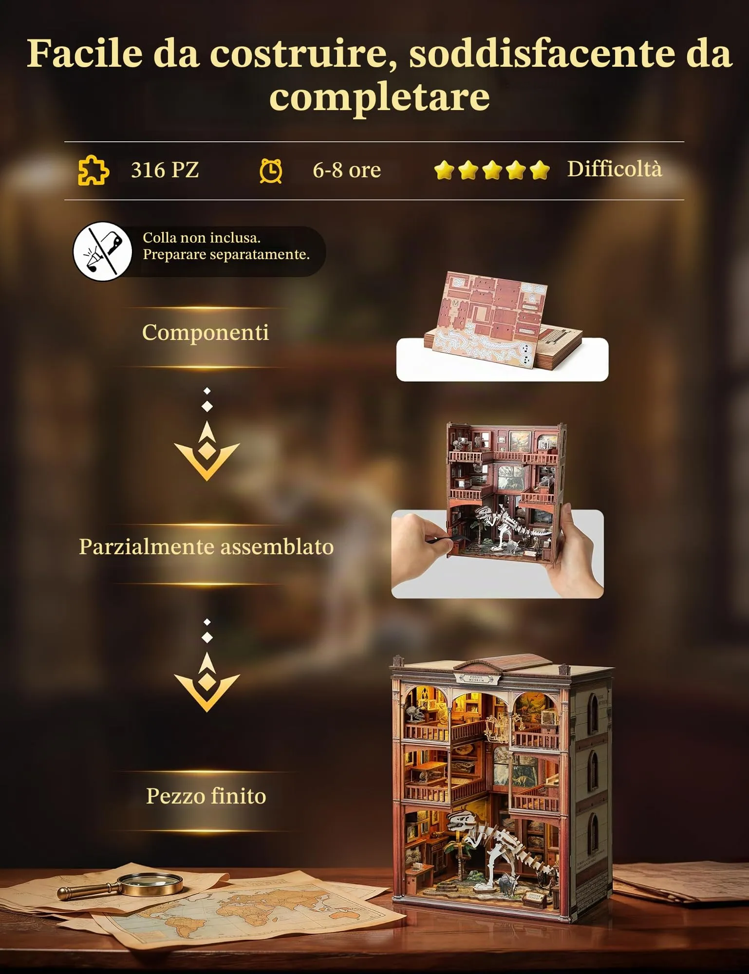 Besserite Book Nook Kit con Fossili Dinosauri e Luci LED, Puzzle 3D Legno Libreria, Kit Modellismo Legno per Adulti, Diorama Miniatura Fai da te – Regalo e Decorazioni Libreria - immagine 7