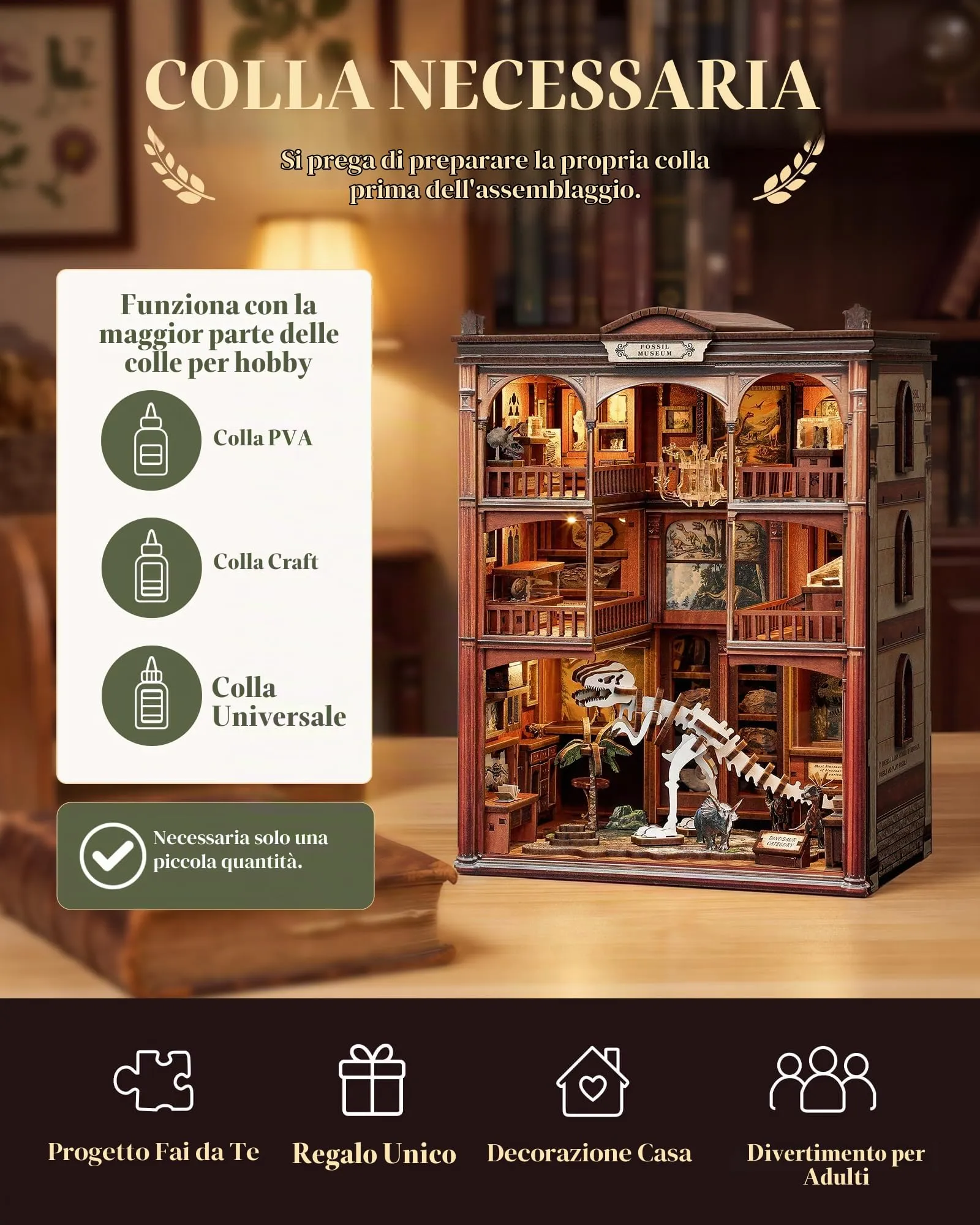 Besserite Book Nook Kit con Fossili Dinosauri e Luci LED, Puzzle 3D Legno Libreria, Kit Modellismo Legno per Adulti, Diorama Miniatura Fai da te – Regalo e Decorazioni Libreria - immagine 9