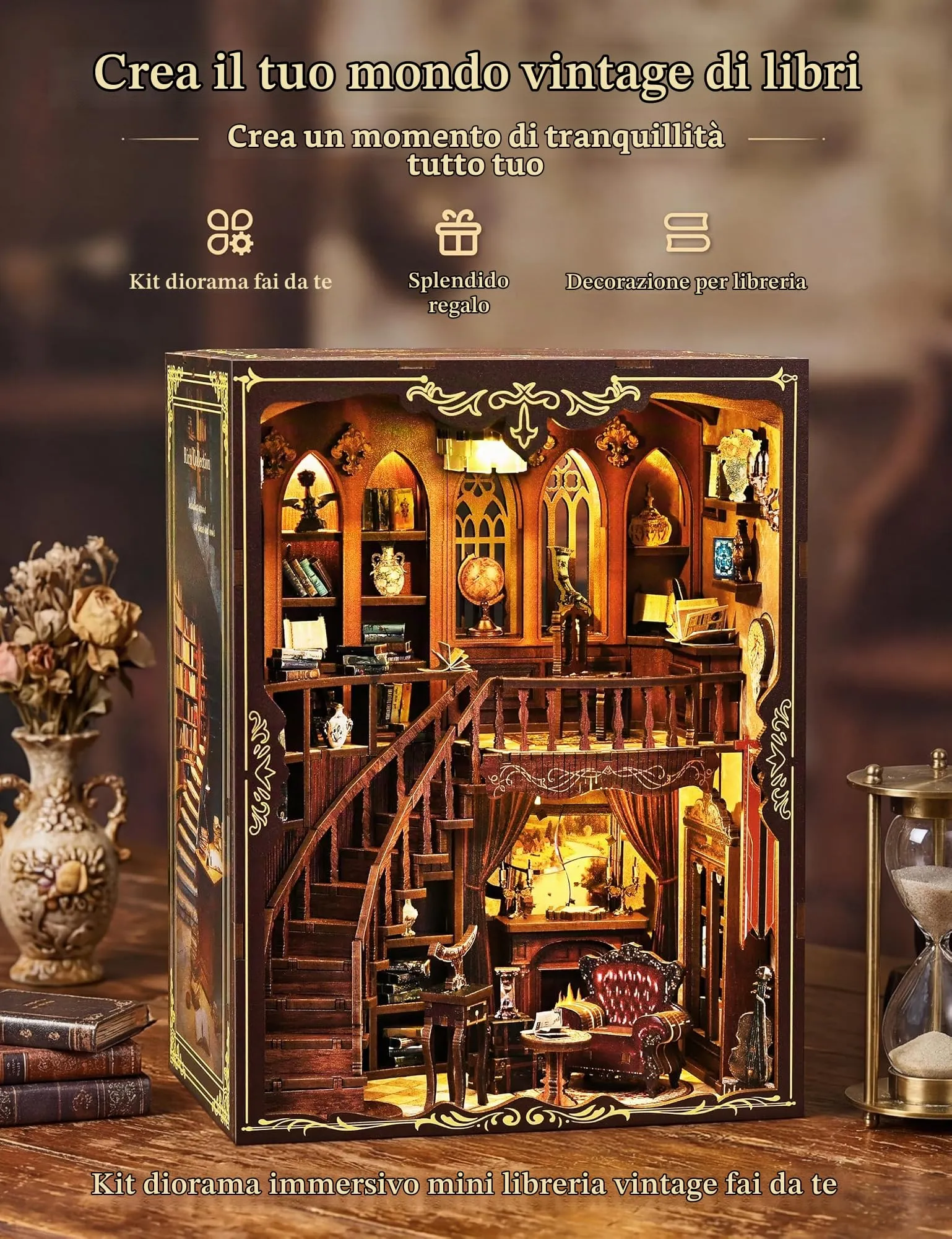 Besserite Book Nook Kit Fai da Te con Segreto Nascosto – Libreria Vintage Miniatura con Luci LED, Puzzle in Legno 3D, Decorazione per Libreria e Idea Regalo per Adulti - immagine 2