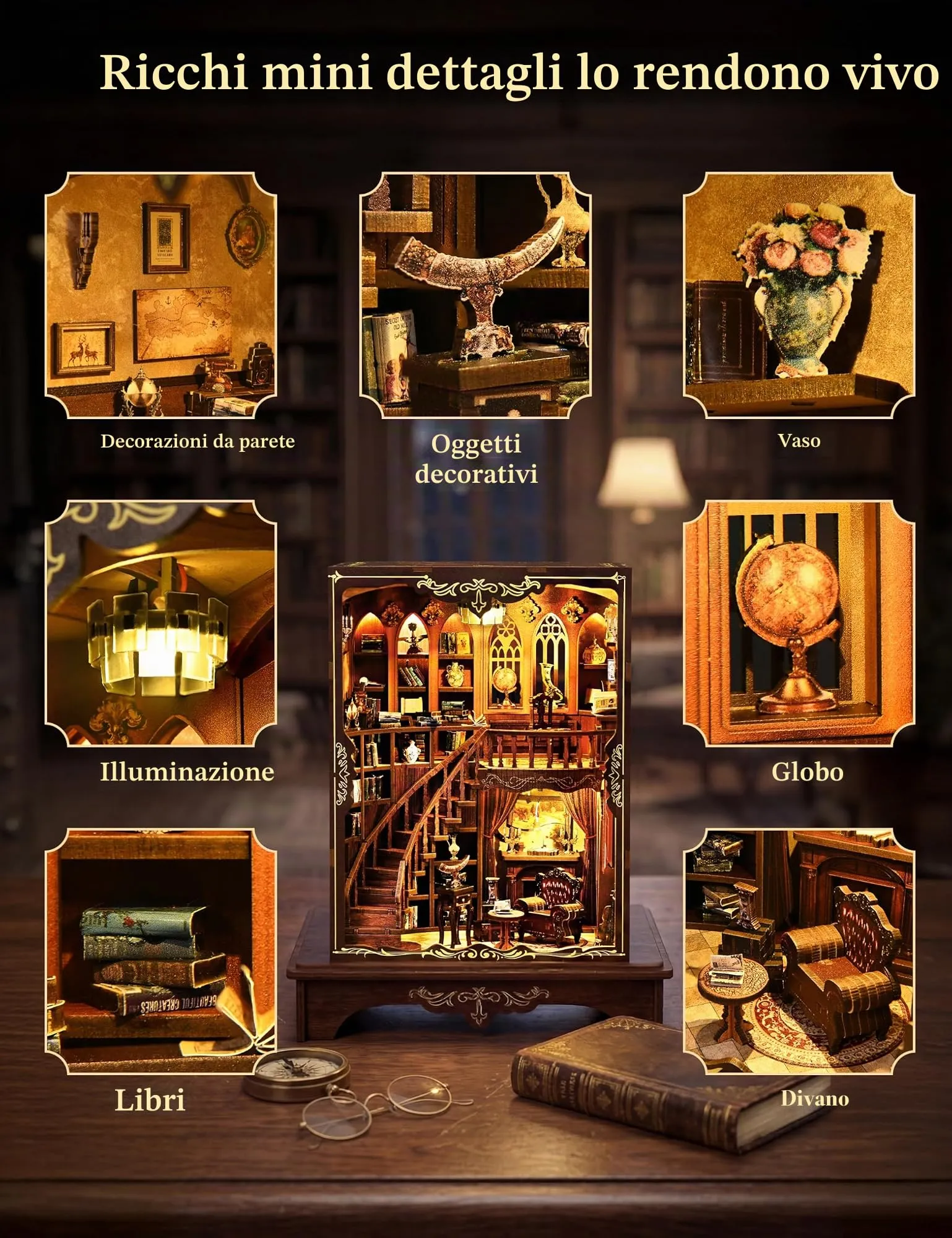 Besserite Book Nook Kit Fai da Te con Segreto Nascosto – Libreria Vintage Miniatura con Luci LED, Puzzle in Legno 3D, Decorazione per Libreria e Idea Regalo per Adulti - immagine 3
