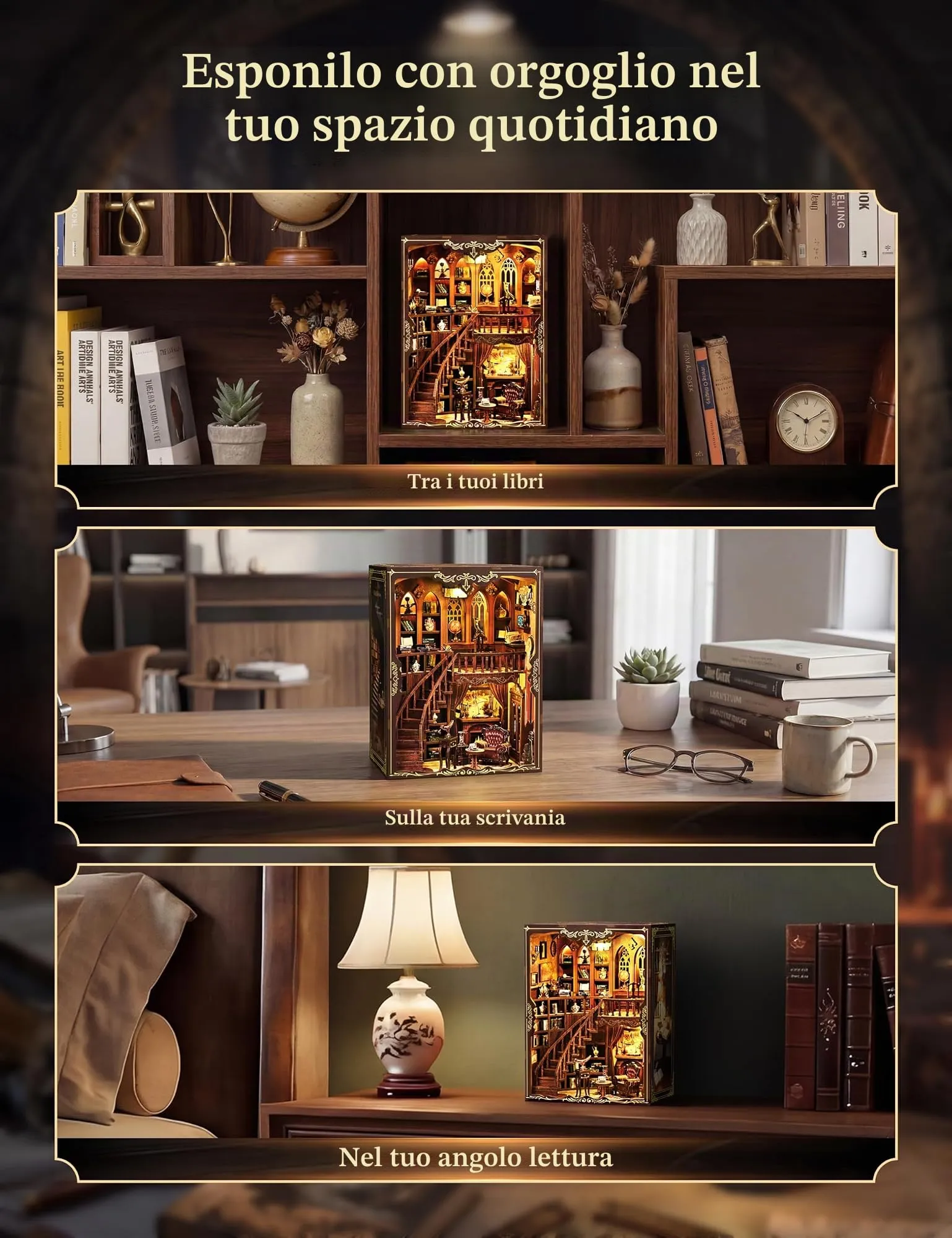 Besserite Book Nook Kit Fai da Te con Segreto Nascosto – Libreria Vintage Miniatura con Luci LED, Puzzle in Legno 3D, Decorazione per Libreria e Idea Regalo per Adulti - immagine 6