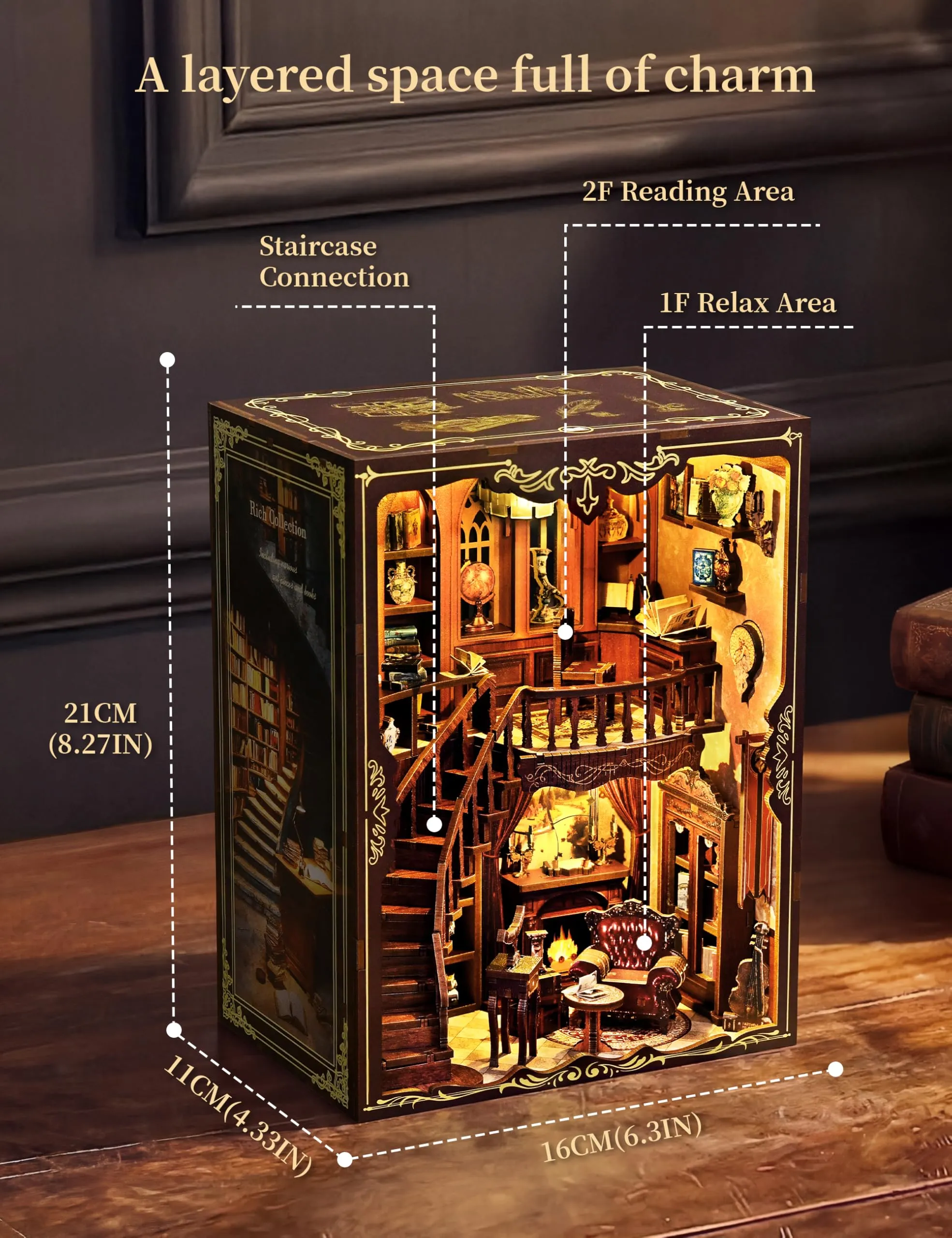 Besserite Book Nook Kit Fai da Te con Segreto Nascosto – Libreria Vintage Miniatura con Luci LED, Puzzle in Legno 3D, Decorazione per Libreria e Idea Regalo per Adulti - immagine 7