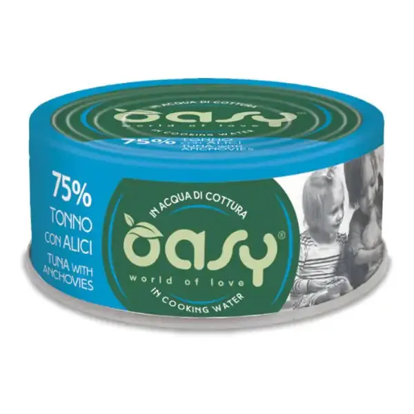 Oasy More Love Cat Adult Lattine in acqua di cottura 70 gr Tonno e alici - confezione da 24 pezzi - Cibo umido per gatti - immagine 1