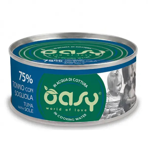 Oasy More Love Cat Adult Lattine in acqua di cottura 70 gr Tonno e sogliola - confezione da 24 pezzi - Cibo umido per gatti - immagine 1
