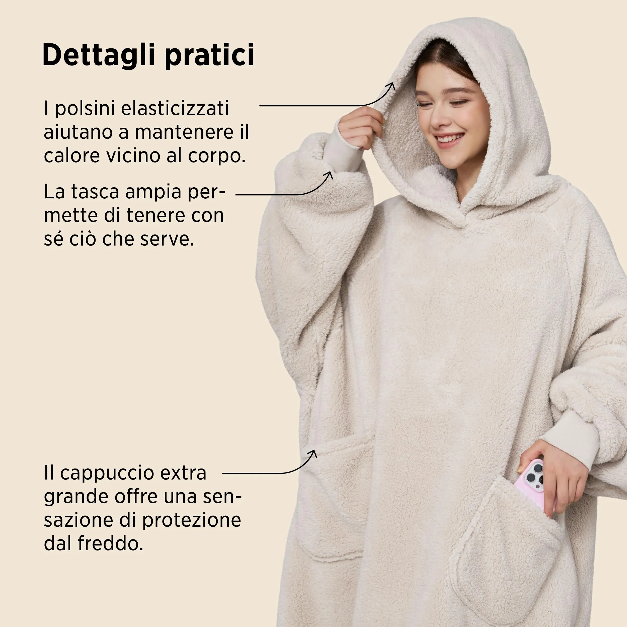 Bedsure Coperta con Cappuccio e Maniche Regalo Beige - 95x85cm - immagine 6