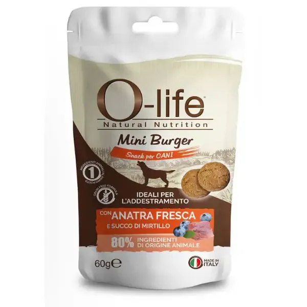 O-life Adult Mini Burger Grain Free Snack per cani 60 gr Anatra e mirtilli - immagine 1