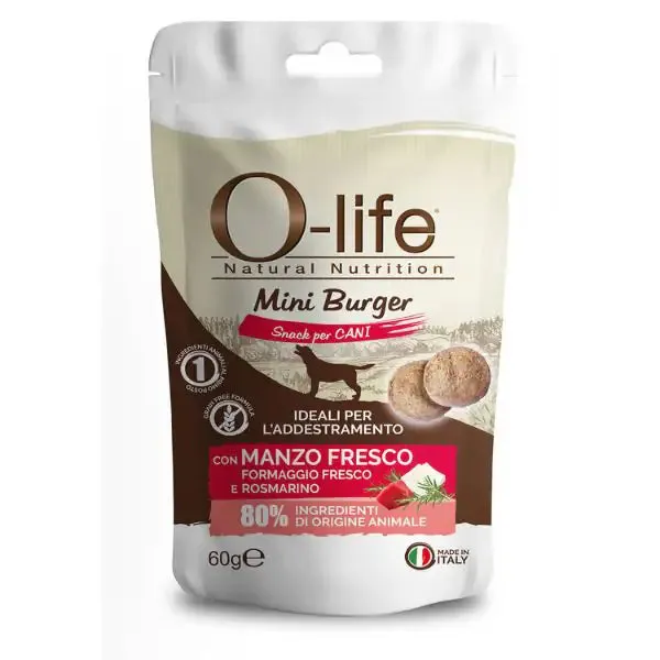O-life Adult Mini Burger Grain Free Snack per cani 60 gr Manzo, formaggio e rosmarino - immagine 1