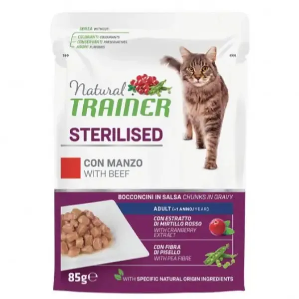 Natural Trainer Adult Sterilised Bocconcini in salsa 85 gr Manzo - confezione da 12 pezzi - Cibo umido per gatti - immagine 1