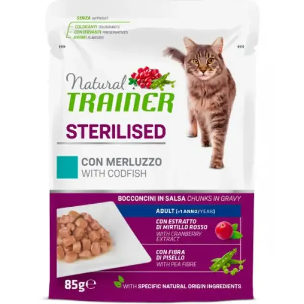 Natural Trainer Adult Sterilised Bocconcini in salsa 85 gr Merluzzo - confezione da 12 pezzi - Cibo umido per gatti - immagine 1