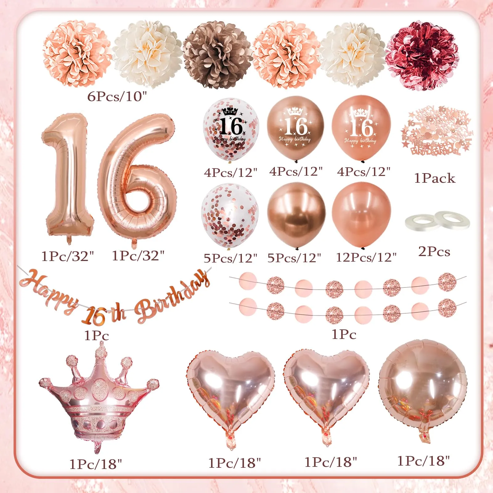 Decorazioni Compleanno 16 Anni Ragazza,Palloncini 16 Anni Compleanno - immagine 2