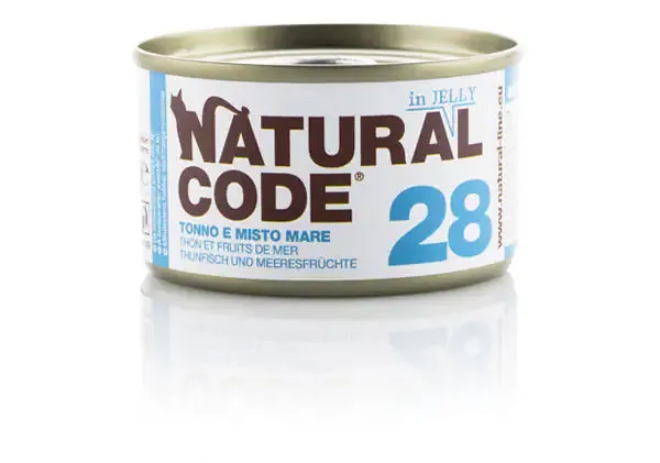 Natural Code acqua di cottura in Jelly 85 gr 28 - Tonno e Misto Mare - confezione da 24 pezzi - Cibo umido per gatti - immagine 1