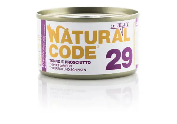 Natural Code acqua di cottura in Jelly 85 gr 29 - Tonno e Prosciutto - confezione da 24 pezzi - Cibo umido per gatti - immagine 1