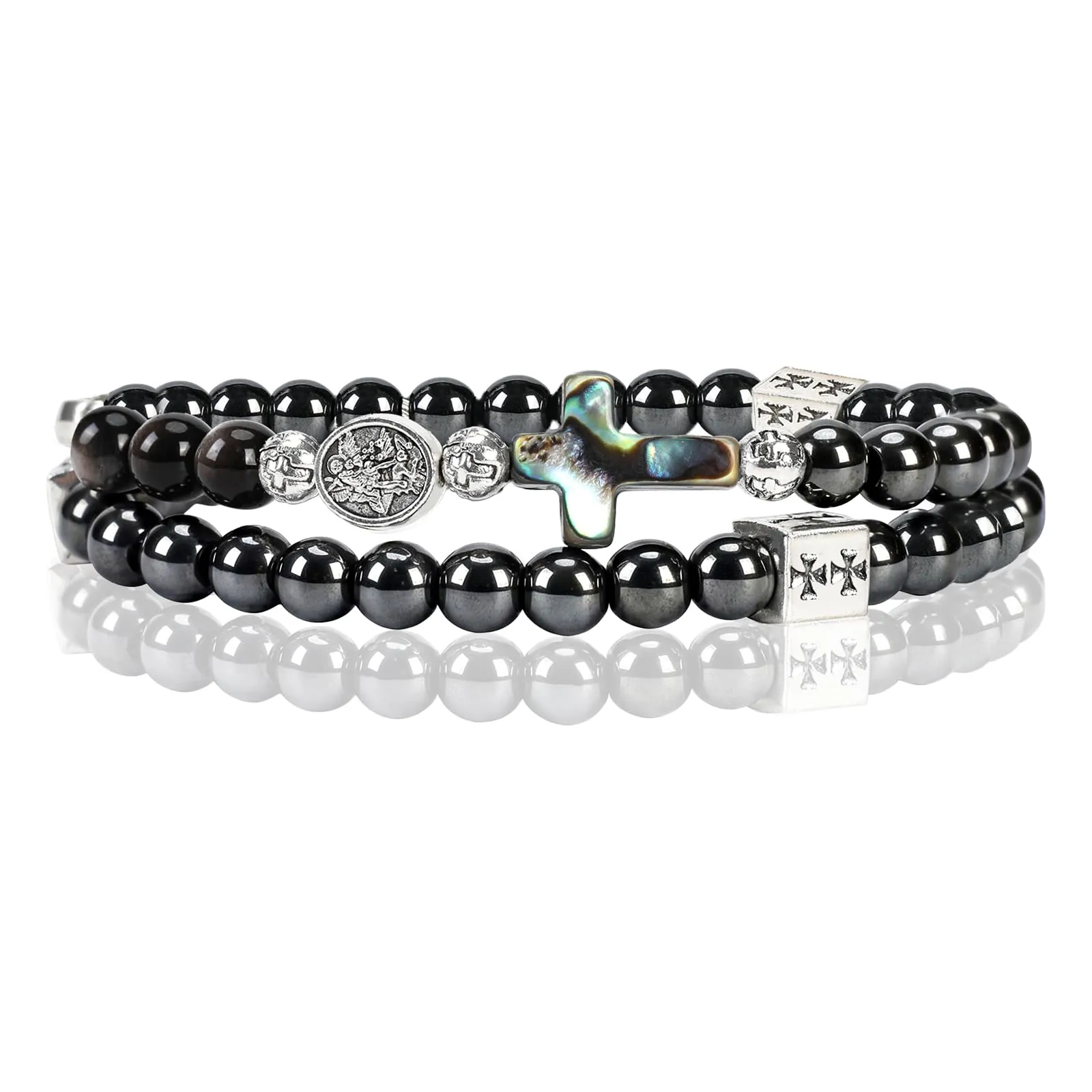 SHIEAGLELD Bracciale Rosario, Bracciale da Uomo in Ossidiana, Braccialetti Cattolica con Croce per Papà, Marito, Bambino, Nero con Medaglia di San Michele - immagine 1