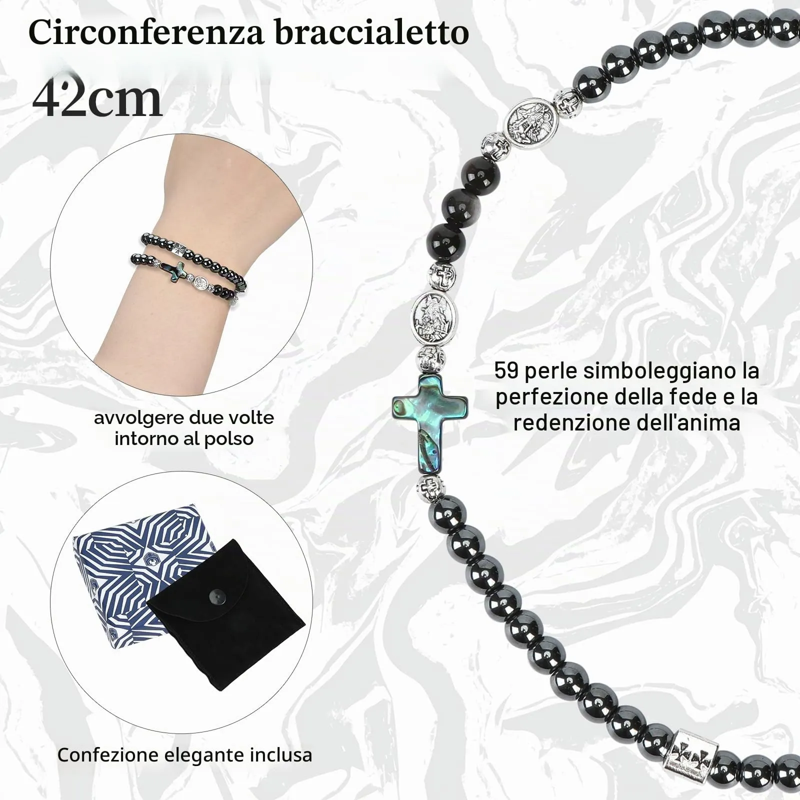 SHIEAGLELD Bracciale Rosario, Bracciale da Uomo in Ossidiana, Braccialetti Cattolica con Croce per Papà, Marito, Bambino, Nero con Medaglia di San Michele - immagine 2