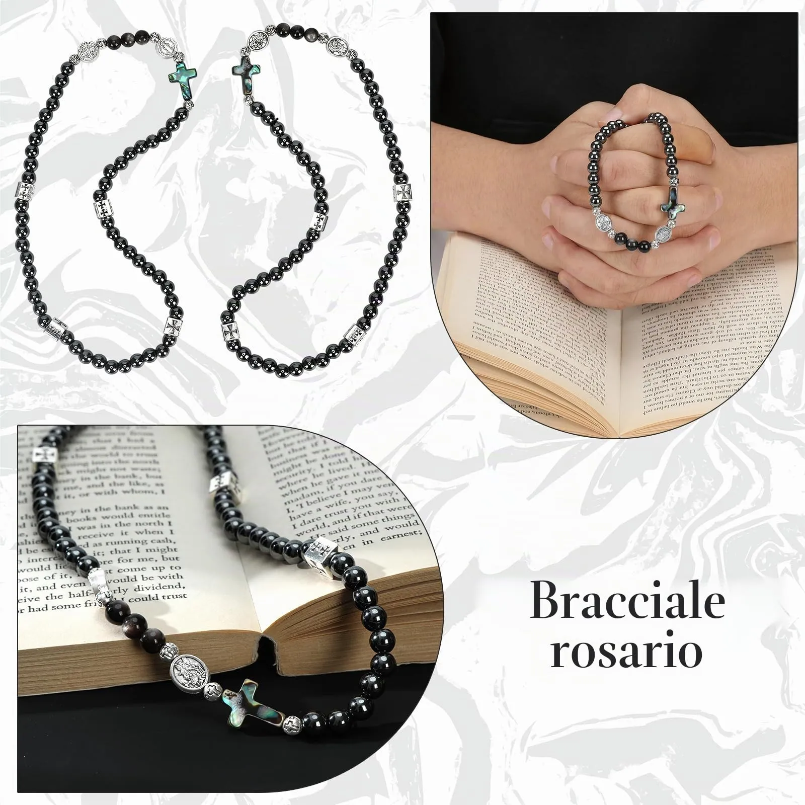 SHIEAGLELD Bracciale Rosario, Bracciale da Uomo in Ossidiana, Braccialetti Cattolica con Croce per Papà, Marito, Bambino, Nero con Medaglia di San Michele - immagine 6