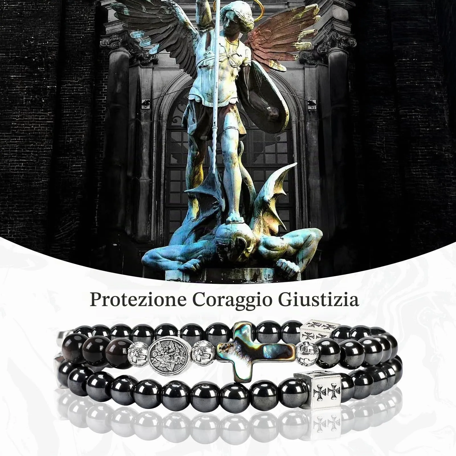 SHIEAGLELD Bracciale Rosario, Bracciale da Uomo in Ossidiana, Braccialetti Cattolica con Croce per Papà, Marito, Bambino, Nero con Medaglia di San Michele - immagine 7