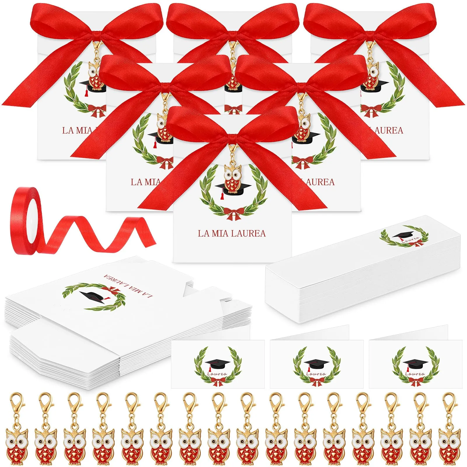 BBTO 50 Set Bomboniere Laurea con Scatoline Portachiavi Bigliettini, Gufo - immagine 1