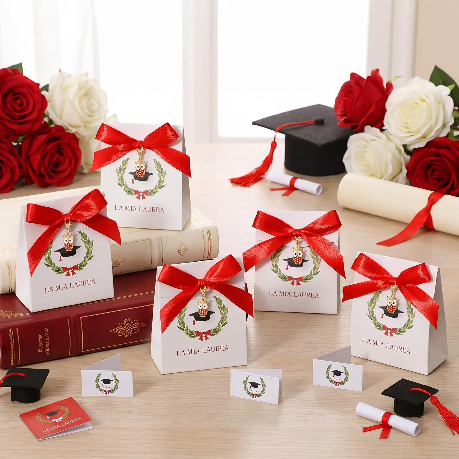 BBTO 50 Set Bomboniere Laurea con Scatoline Portachiavi Bigliettini, Gufo - immagine 2