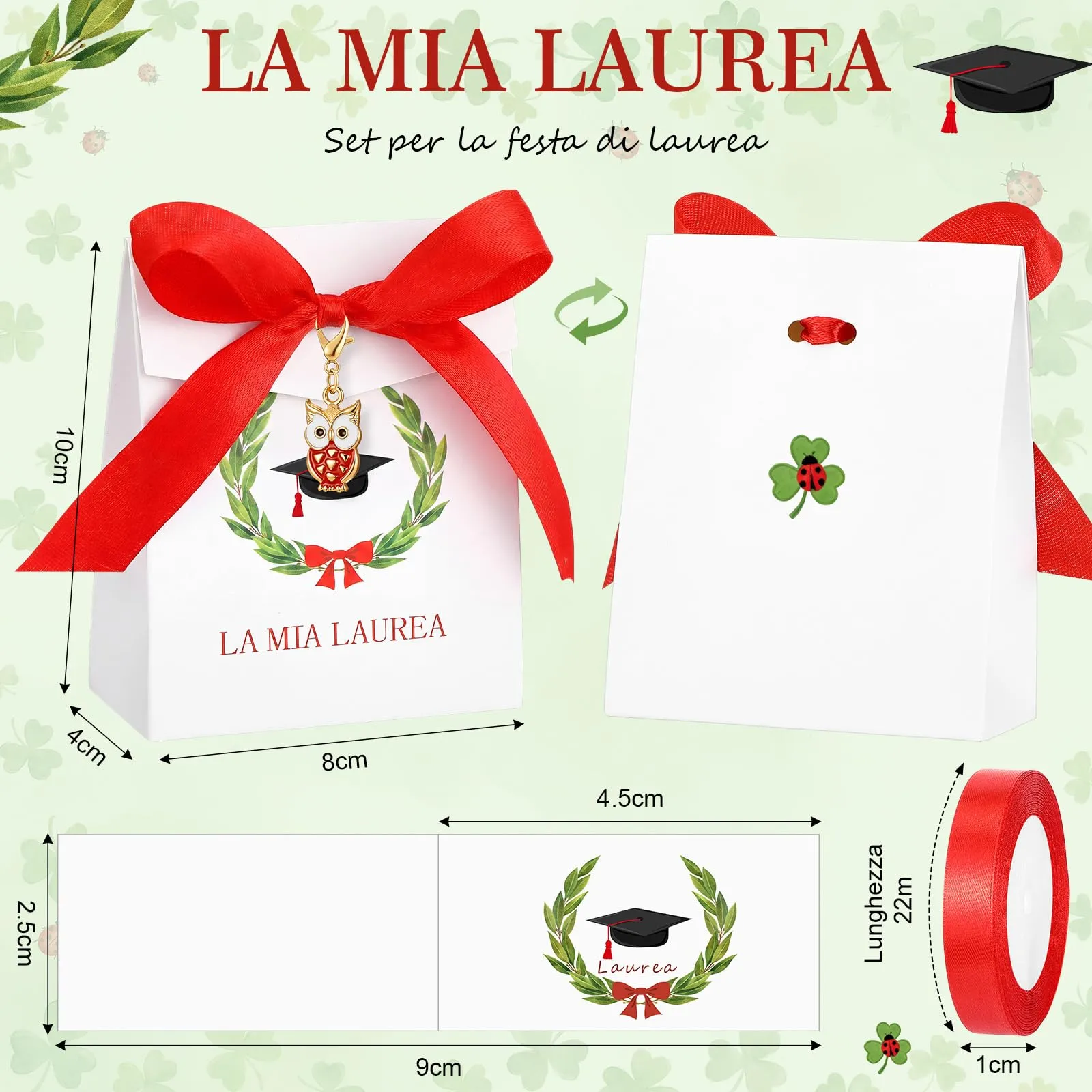 BBTO 50 Set Bomboniere Laurea con Scatoline Portachiavi Bigliettini, Gufo - immagine 3
