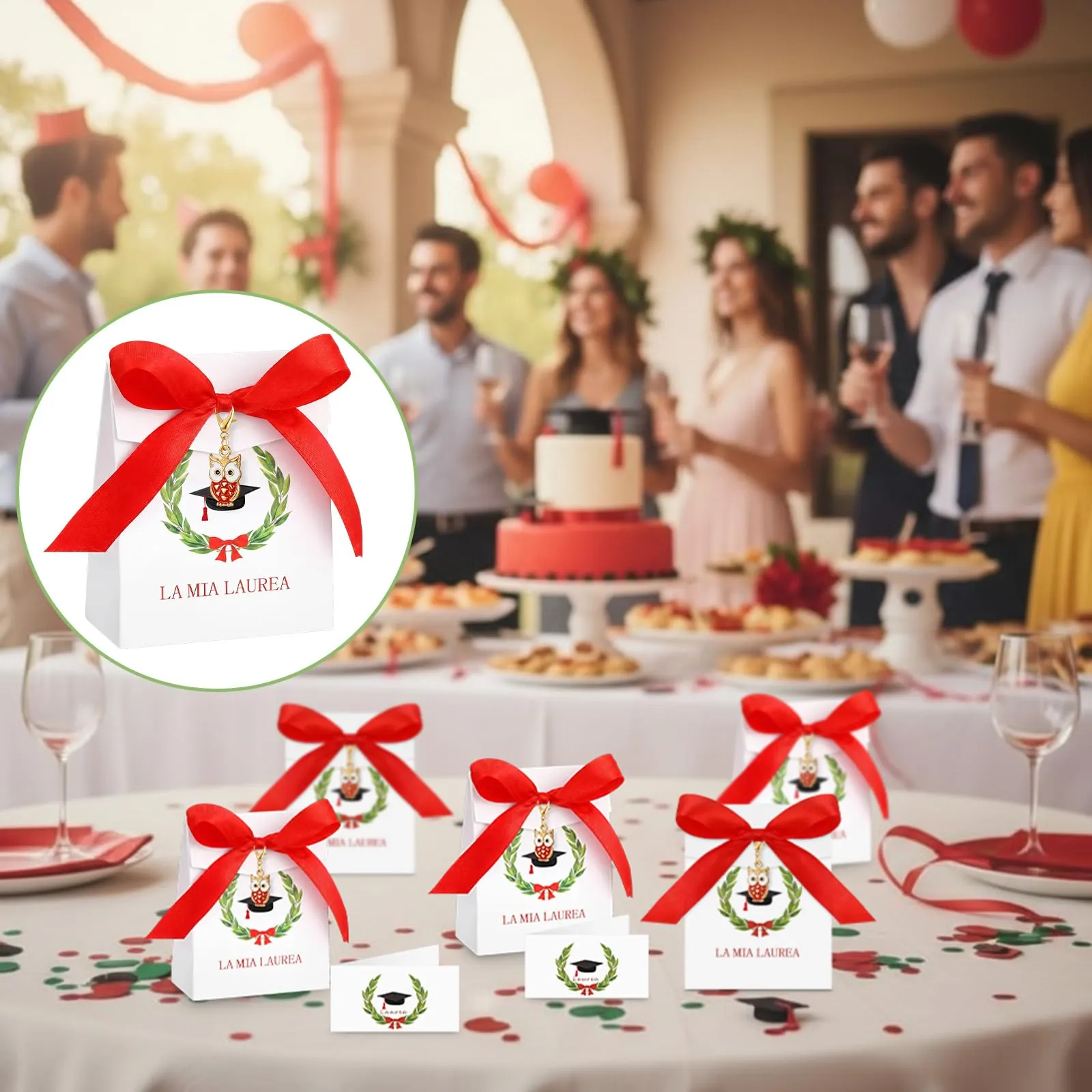 BBTO 50 Set Bomboniere Laurea con Scatoline Portachiavi Bigliettini, Gufo - immagine 6
