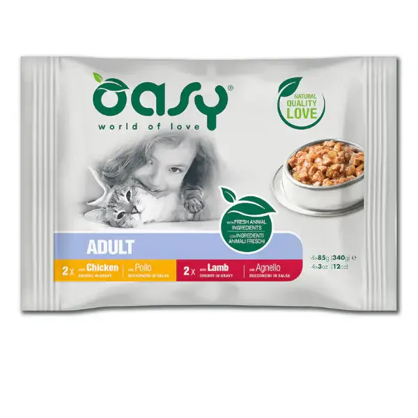 Oasy Multipack Adult Bocconcini in salsa 4 x 85 gr 2x Pollo 2x Agnello - immagine 1