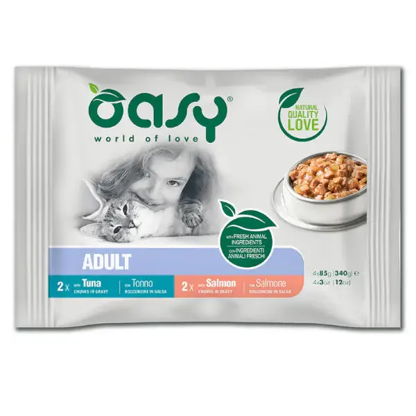 Oasy Multipack Adult Bocconcini in salsa 4 x 85 gr 2x Tonno 2x Salmone - immagine 1
