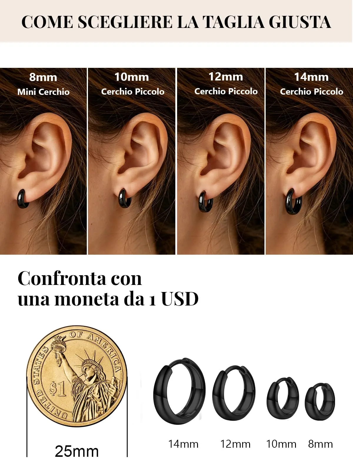 Silvora 12mm Orecchini Donna a Cerchio Nero Piccoli - immagine 5