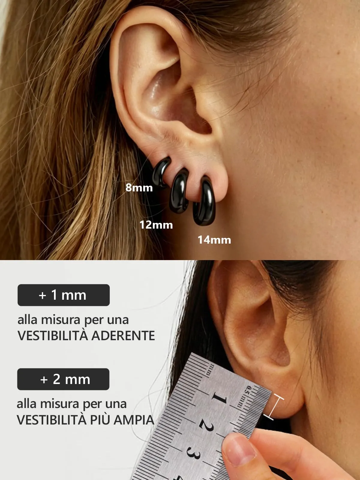 Silvora 12mm Orecchini Donna a Cerchio Nero Piccoli - immagine 6