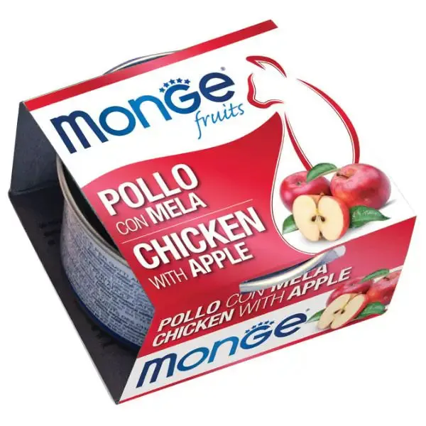 Monge Fruits Cat Adult prelibatezze naturali 80 gr Pollo con mela - confezione da 12 pezzi - Cibo umido per gatti - immagine 1