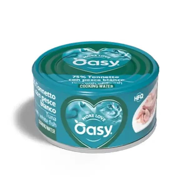Oasy More Love Cat Adult Lattine in acqua di cottura 70 gr Tonno con pesce bianco - confezione da 24 pezzi - Cibo umido per gatti - immagine 1
