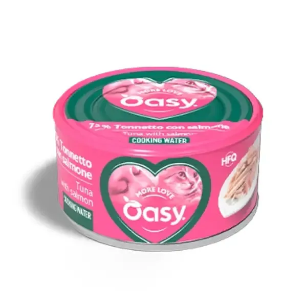 Oasy More Love Cat Adult Lattine in acqua di cottura 70 gr Tonno con salmone - confezione da 24 pezzi - Cibo umido per gatti - immagine 1