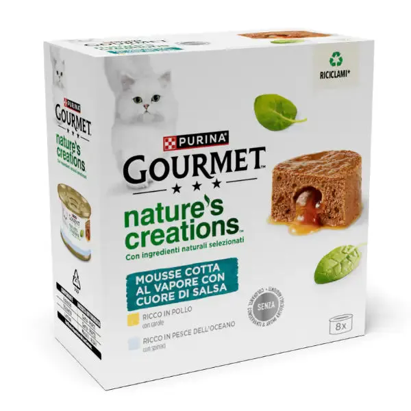 Gourmet Nature's Creation Cat Mousse Cuore di salsa 8x85 gr 4 x Pesce dell'Oceano 4 x Pollo - immagine 1