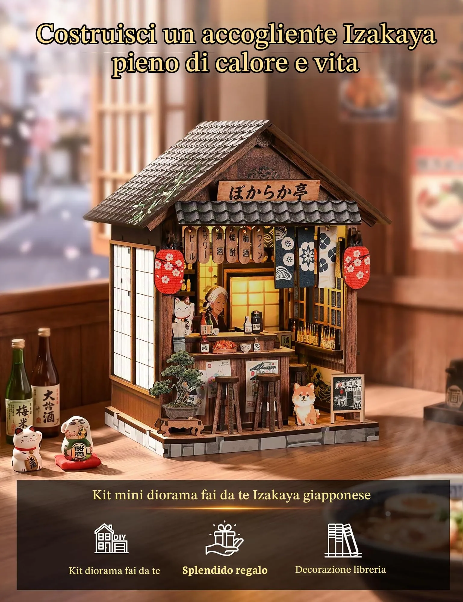 Besserite Book Nook Giapponese con Luci LED – Izakaya Miniatura per Adulti, Kit Modellismo Miniature Fai da Te, Diorama da Libreria 3D, Puzzle 3D Decorativo Illuminato, Regalo per Natale o Compleanno - immagine 2