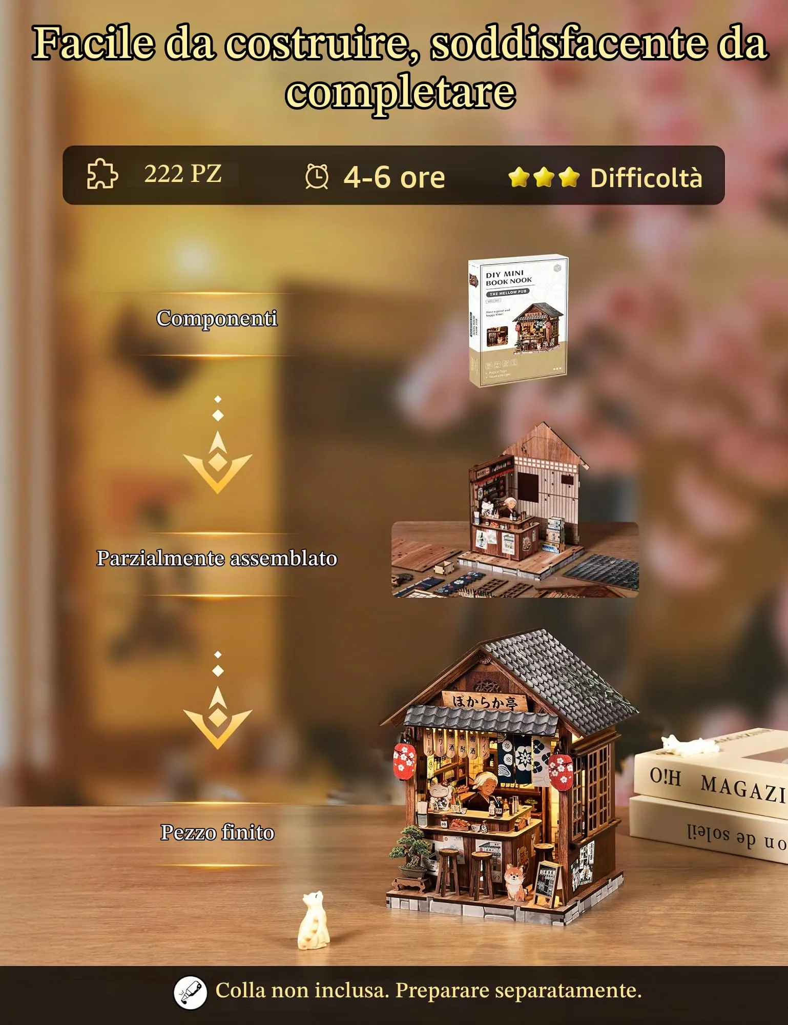 Besserite Book Nook Giapponese con Luci LED – Izakaya Miniatura per Adulti, Kit Modellismo Miniature Fai da Te, Diorama da Libreria 3D, Puzzle 3D Decorativo Illuminato, Regalo per Natale o Compleanno - immagine 3