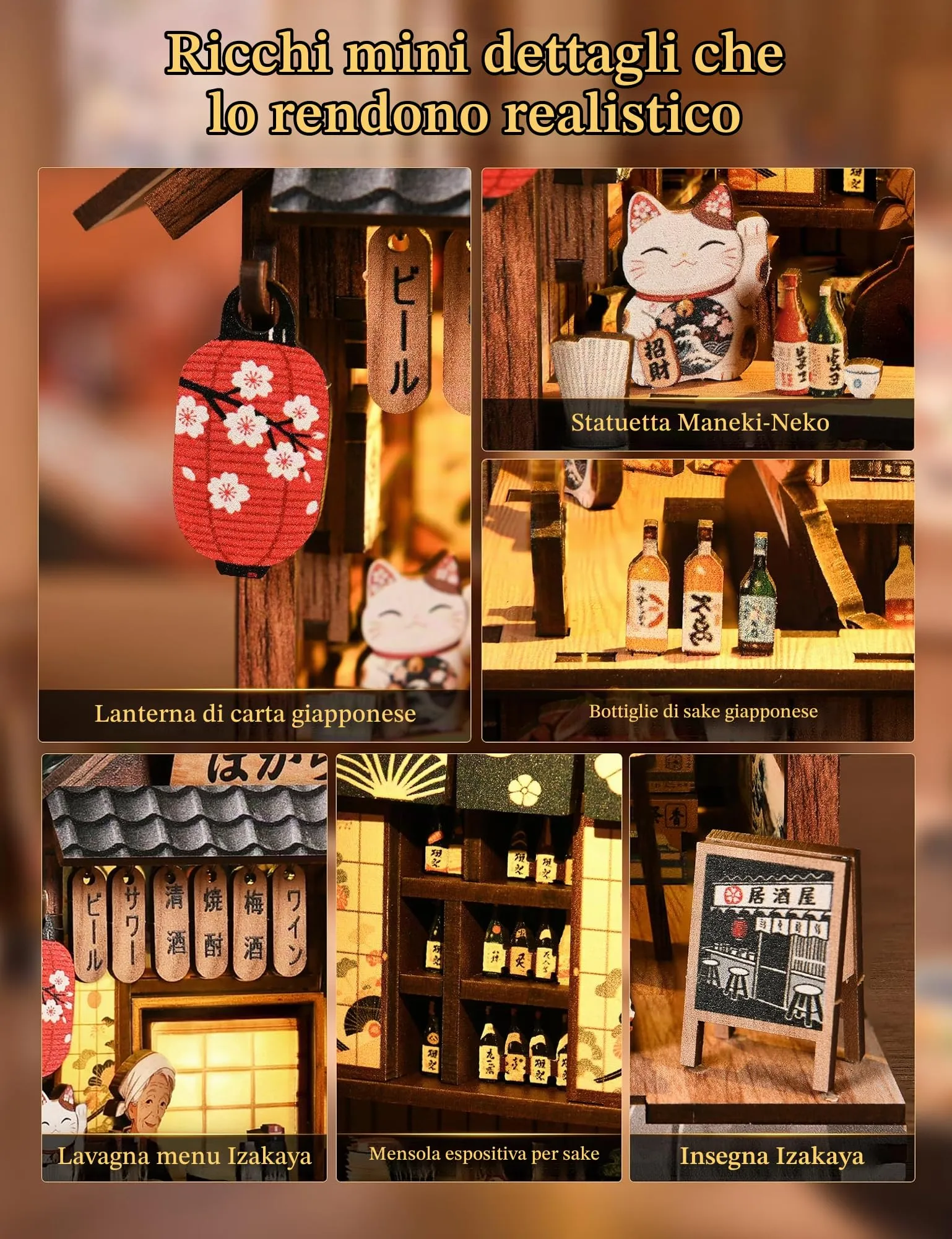 Besserite Book Nook Giapponese con Luci LED – Izakaya Miniatura per Adulti, Kit Modellismo Miniature Fai da Te, Diorama da Libreria 3D, Puzzle 3D Decorativo Illuminato, Regalo per Natale o Compleanno - immagine 6