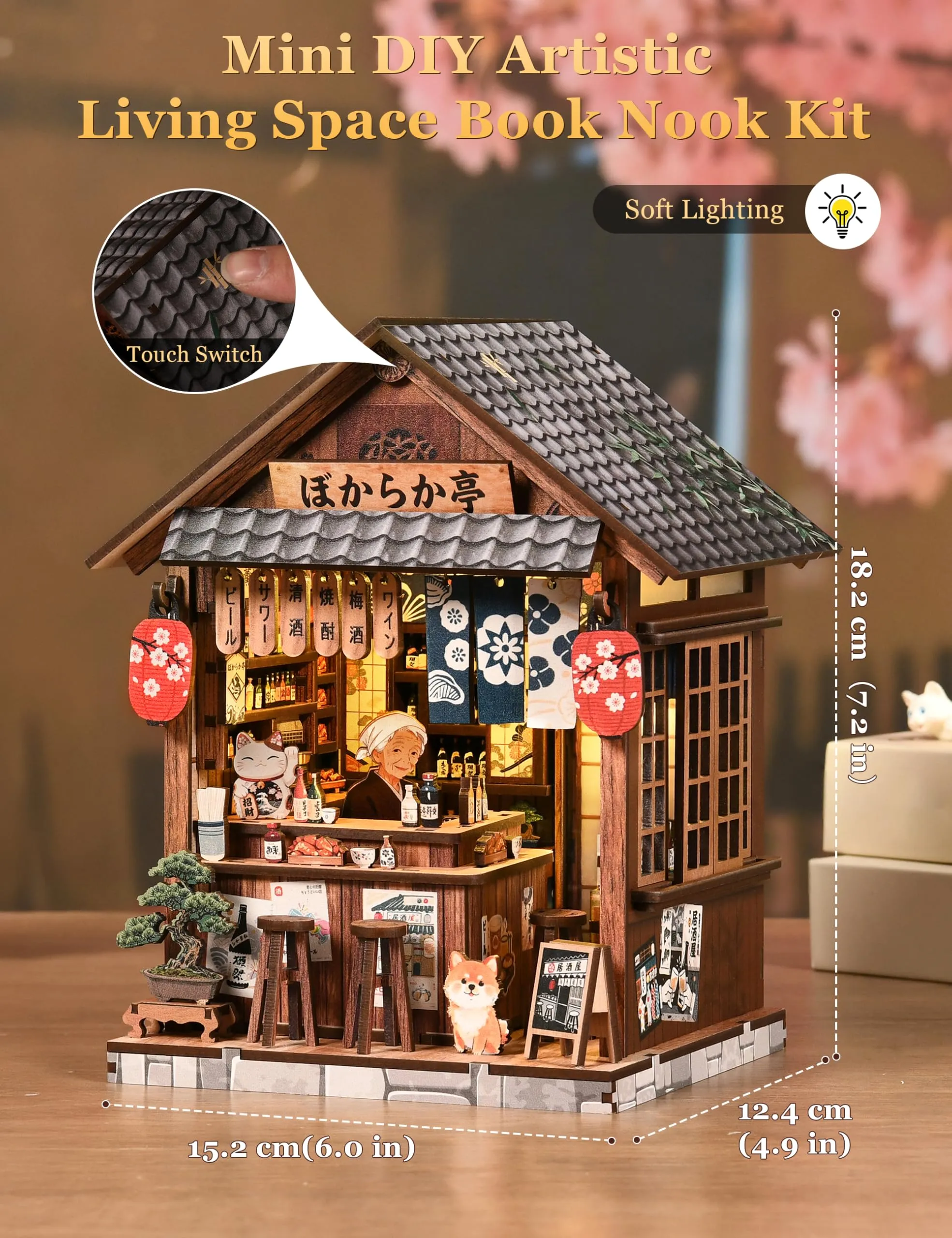 Besserite Book Nook Giapponese con Luci LED – Izakaya Miniatura per Adulti, Kit Modellismo Miniature Fai da Te, Diorama da Libreria 3D, Puzzle 3D Decorativo Illuminato, Regalo per Natale o Compleanno - immagine 7