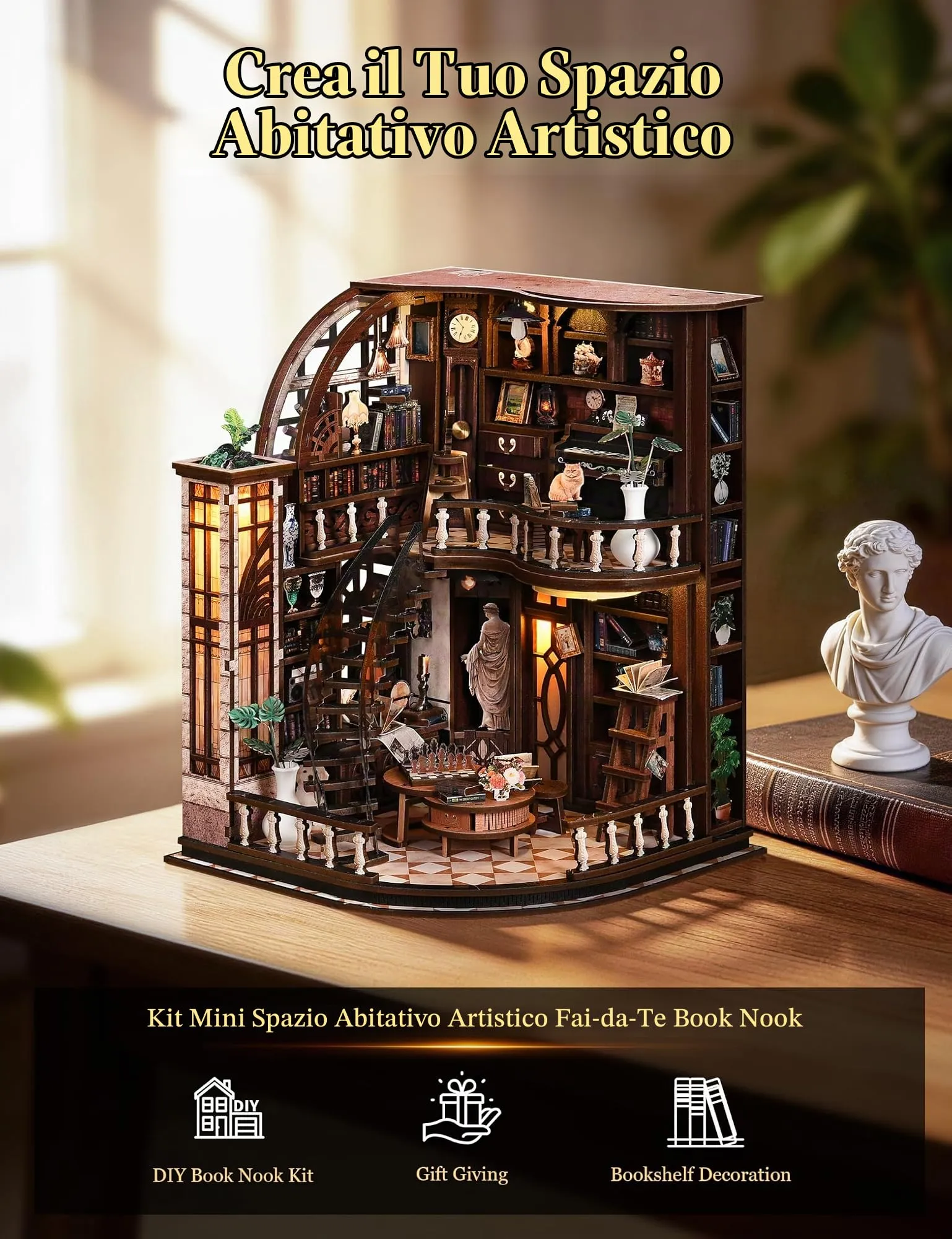 Besserite Kit Libreria Miniatura – Book Nook con 339 Pezzi, Puzzle 3D Legno Libreria a 2 Piani, Casa Bambole Miniatura con Luce, Diorama Vintage per Decorazione Libreria, Regalo Creativo per Adulti - immagine 2